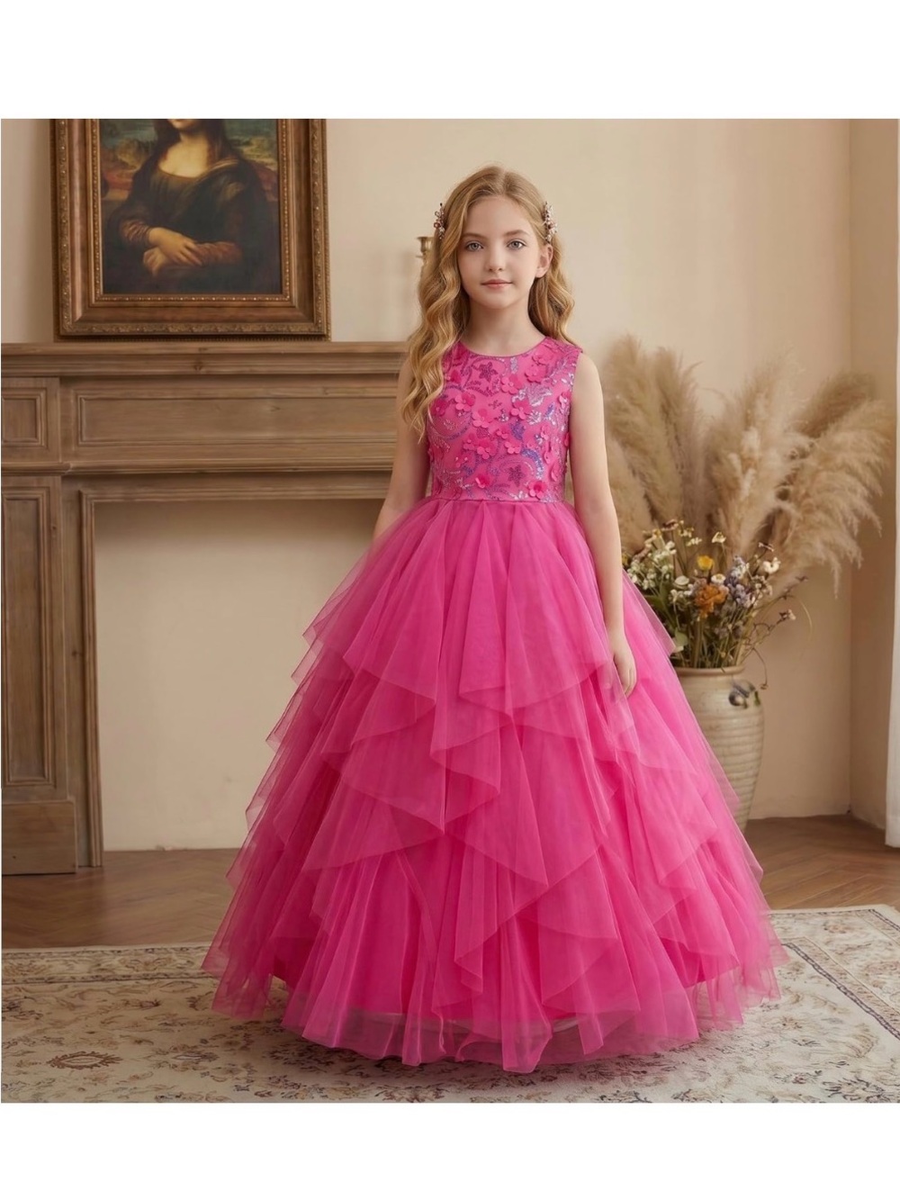 Girls' Hot Pink Layered Tulle Formal Dress with Floral Bodice